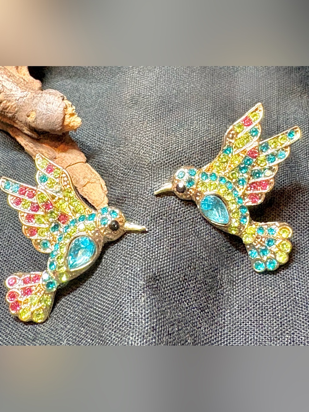 Multicolor Austrian Crystal, Simulated Blue Sapphire Humming Bird Earrings